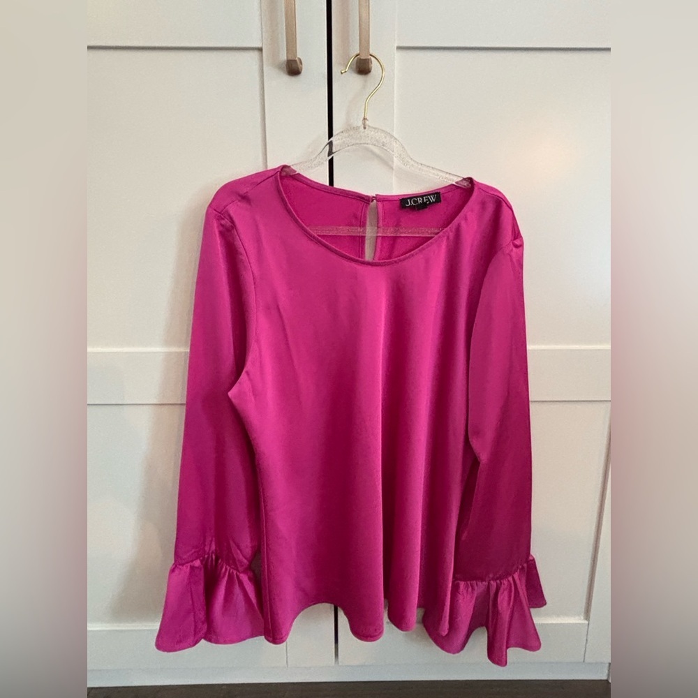 J. Crew Fuchsia Satin Silky Blouse Pink Size Large Ruffle Feminine
